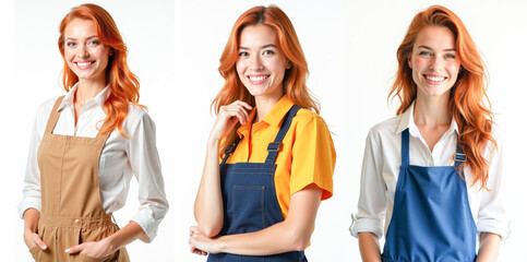 a set of women in work clothes smiling on a white background