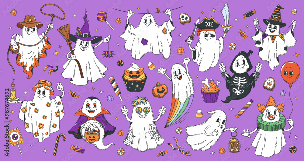 Cartoon Spooks Cartoon Halloween groovy ghost characters and sweets. Vector spooks ...