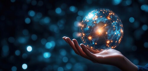 Poster - Hand gently holding a digital glowing globe with a network of interconnected points symbolizing global connectivity and futuristic technology