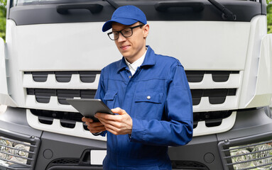 Poster - Fleet manager with digital tablet on a background of truck.