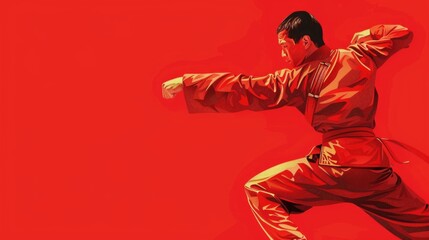 Dynamic Martial Arts Pose on Red Background