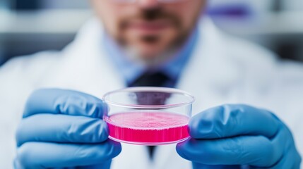 Wall Mural - scientist holding petri dish with pink liquid in laboratory
