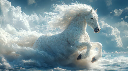 Wall Mural - White Horse Leaping Through Stormy Sea with Clouds