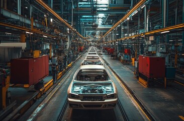 Car production line in a car factory with cars on the construction lines and cut metal parts inside the boxes. Generative AI