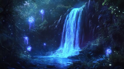 A magical waterfall glowing with a soft blue light, surrounded by lush jungle and strange, floating orbs of light.