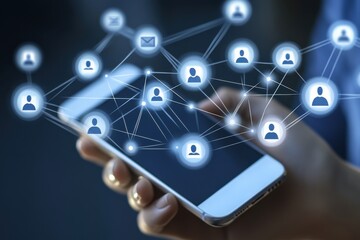 Poster - A hand holding a smartphone with glowing lines representing a digital communication network and social media connections