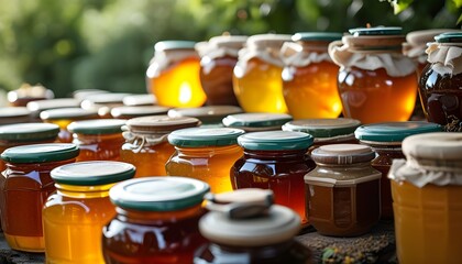 Wall Mural - Assorted Honey Jars Displayed at the Apiary with a Focused Close-Up Perspective