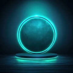 Wall Mural - Futuristic Neon Circle and Platform on Dark Background.