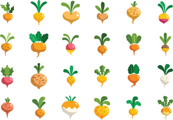 Poster - Variety of colorful turnip illustrations growing with lush green leaves