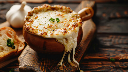 A horizontal and detailed image of a savory French onion soup with melted cheese and toasted bread. The dark wooden background and soft shadows create a classic and elegant feel. 