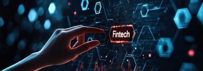 Poster - Hand touching a futuristic digital screen displaying fintech technology concept with glowing interface elements