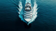 © Shahzaib - Aerial front view of a generic cruise ship traveling with speed over blue ocean with copy space