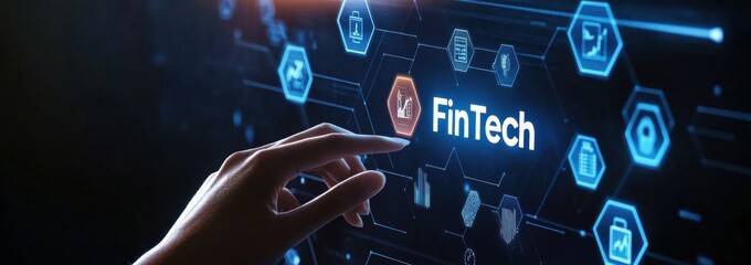 Hand touching an abstract digital interface with the word fintech in a futuristic technology setting