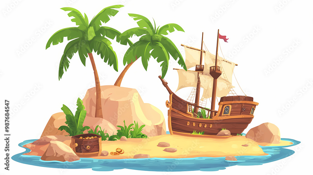 Tropical island with wooden pirate ship, treasure chest, rocks and palm ...