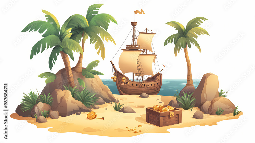 Tropical island with wooden pirate ship, treasure chest, rocks and palm ...