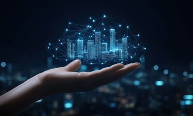 Poster - Futuristic cityscape held in a human hand with digital connections and glowing technology elements