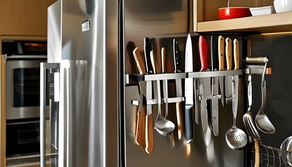 Sleek Stainless Steel Kitchen with Magnetic Knife and Utensil Rack for Organized Cooking Efficiency