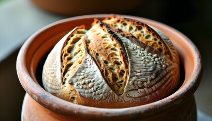 Warmly baked whole wheat sourdough resting in a rustic clay pot, capturing the essence of homemade comfort and wholesome goodness