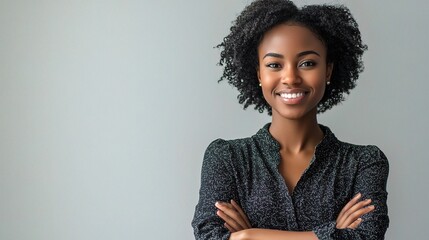 Sticker - Confident and Composed: Portrait of a young Black woman with arms crossed, exuding self-assurance and poise. 