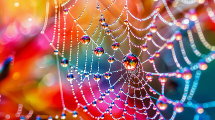 Colorful spider web with water droplets, a stunning macro shot showcasing nature's intricate design under a brilliant light spectrum.