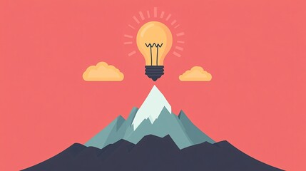 Wall Mural - Illuminating Success - Light bulb with Mountain Peak Symbolizing Idea-led Growth in Flat Design Illustration