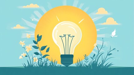 Wall Mural - Illuminating Growth: Light Bulb with Sunrise - Concept of New Ideas and Innovation in Flat Design Illustration