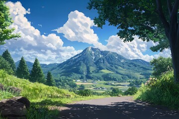 Poster - Scenic mountain landscape with lush green forest and blue sky with fluffy clouds.