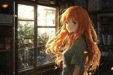 Poster - Anime girl with long orange hair looking out window, illustration