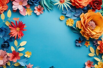 Colorful paper flowers frame on a blue background, showcasing various floral designs in vibrant hues