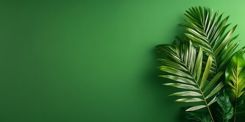 Poster - Tropical palm leaves on a vibrant green background. Perfect for summer, nature, and tropical themes.