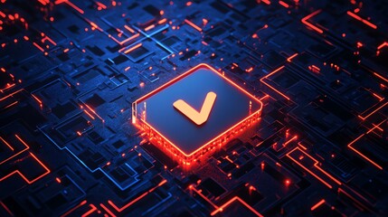 Poster - A futuristic glowing checkmark symbol on a circuit board.  The symbol is surrounded by red and blue lights, creating a vibrant and dynamic image.