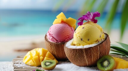 A refreshing summer treat with scoops of pink and yellow ice cream served in coconut shells, topped with mango and kiwi slices.