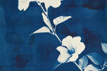 Wall Mural - White flowers on a deep blue background, showcasing a serene and artistic floral design with delicate petals and leaves