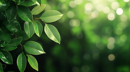 Close-up of lush green leaves with a blurred background of foliage, creating a tranquil and natural scene.