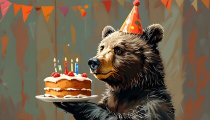 Wall Mural - Birthday bear enjoying a cake with festive hat