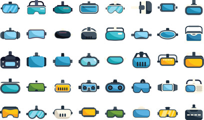 Poster - large set of virtual reality glasses icons in different models and colors, showing the latest techno