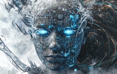 Poster - Futuristic humanoid face composed of intricate circuit boards and digital elements, surrounded by dynamic energy patterns