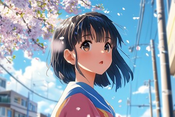 Sticker - Anime girl with short black hair under cherry blossom tree, looking up at the sky