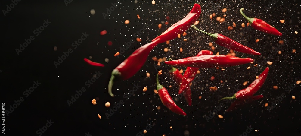 Super slow motion of flying and spinning red chili peppers. Filmed on a ...
