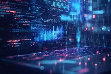 Poster - Futuristic laptop displaying digital data and code in a vibrant, high-tech environment with abstract neon lights and virtual elements.