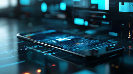 A close-up of a smartphone on a desk with a blurry background of a computer screen with data.
