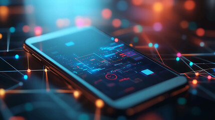 A modern smartphone with glowing digital displays on its screen.