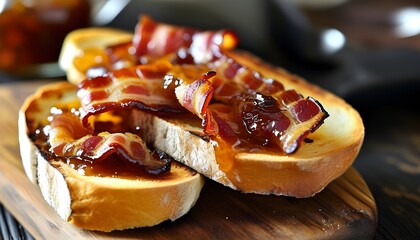 Savory bacon jam spread on crispy toasted baguette slices in a rustic setting