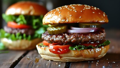 Mouthwatering Gourmet Hamburger on a Rustic Wooden Table