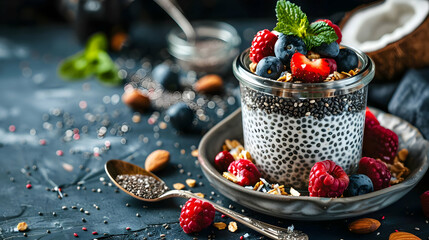 Canvas Print - Delicious Chia Pudding with Berries and Granola Healthy Breakfast Recipe