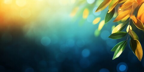 Wall Mural - A branch with green and yellow leaves hangs against a soft blue bokeh background, creating a dreamy and peaceful scene.