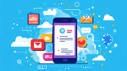 Smartphone with colorful app icons around it on a blue background.