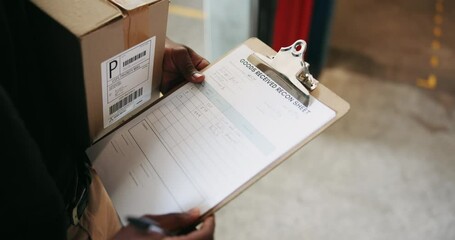 Poster - Checklist, box and delivery man with clipboard by car, inspection and distribution of orders. Hands, black person and supply chain with document, logistics and shipping service for courier company