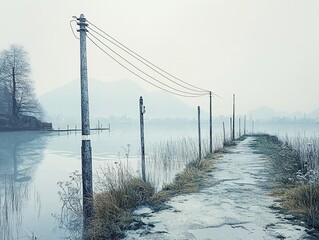 Sticker - Lonely Path Through Foggy Lake Landscape