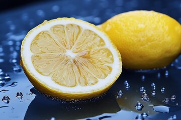 Freshly Cut Lemon with Water Drops on Blue Background, Citrus Fruit, Healthy Food